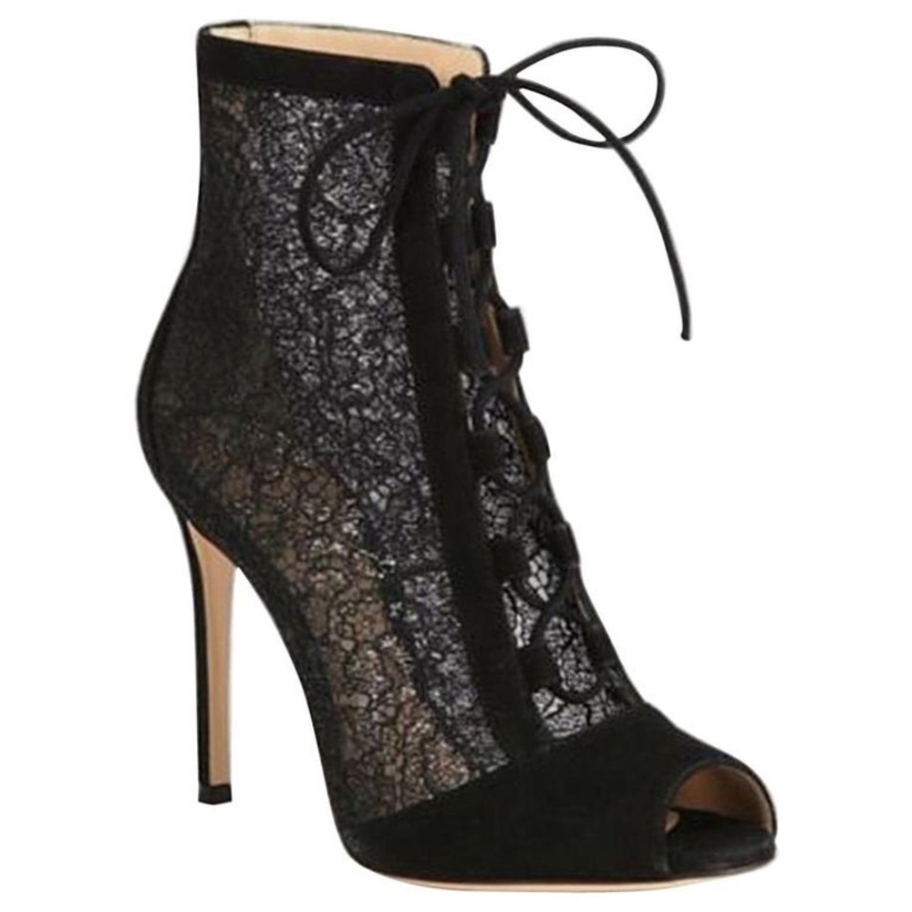 Gianvito Rossi Ankle Boots Black Suede Lace Heels US 5 EU 35